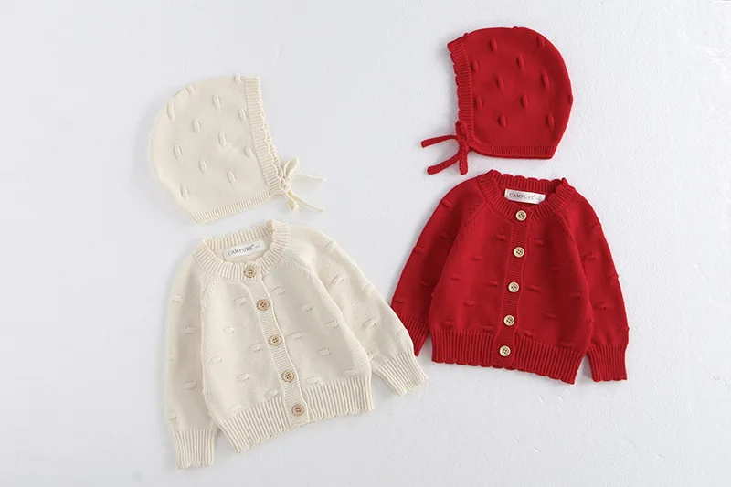 MiniAinis Autumn Winter New Baby Knitted Jacket With Hat Included Girls Knit Bubble Ball Sweater Girls Beige Red Coat Cap 2 PCS