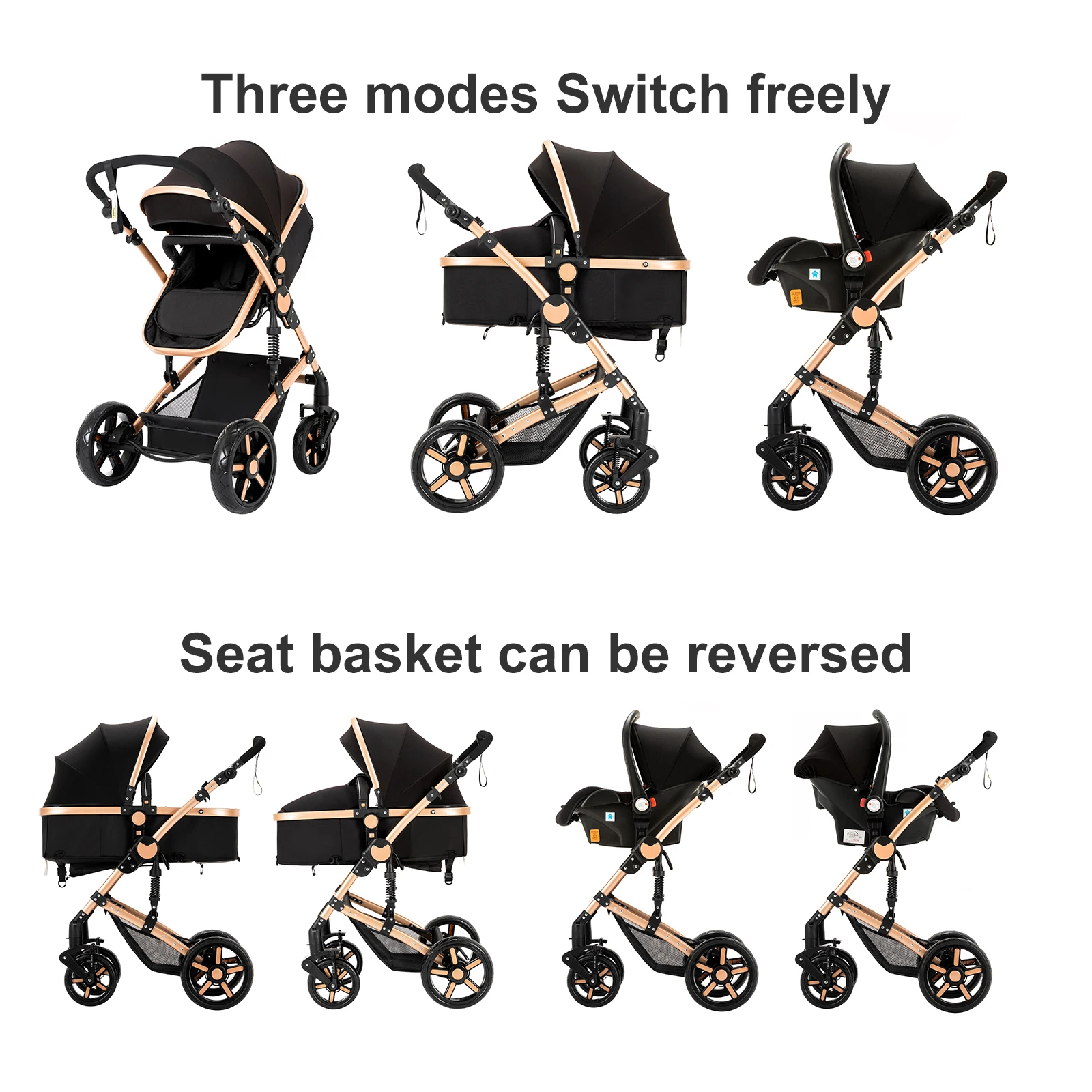 Foldable 3 in 1 Baby Travel System Stroller High Landscape Reversible Bassinet Pram Infant Car Seat Combination Multi-Function Lightweight Pushchair All-Terrain EVA Wheels Shock Absorber One-Foot Brake Newborn Baby Carriage Set