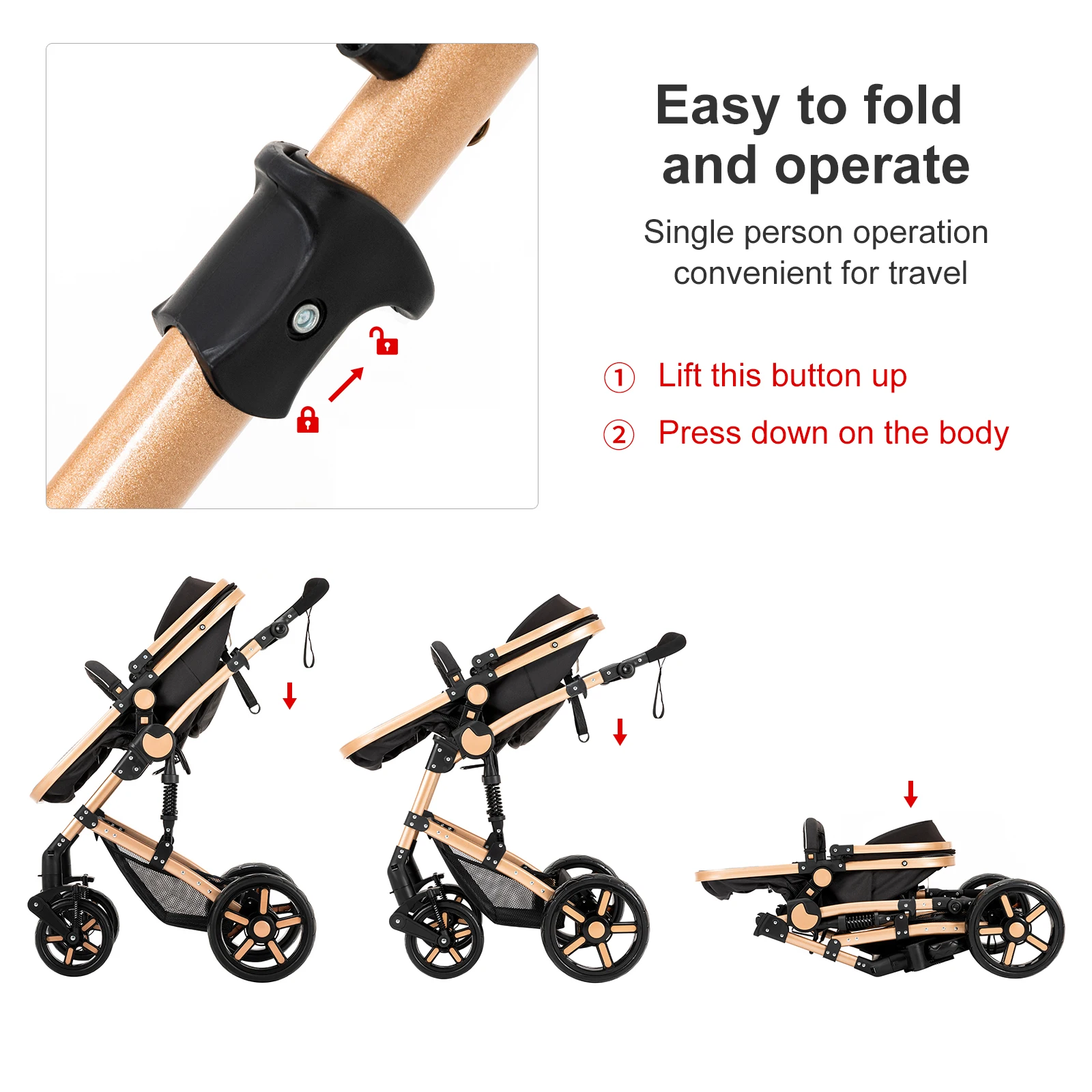 Foldable 3 in 1 Baby Travel System Stroller High Landscape Reversible Bassinet Pram Infant Car Seat Combination Multi-Function Lightweight Pushchair All-Terrain EVA Wheels Shock Absorber One-Foot Brake Newborn Baby Carriage Set
