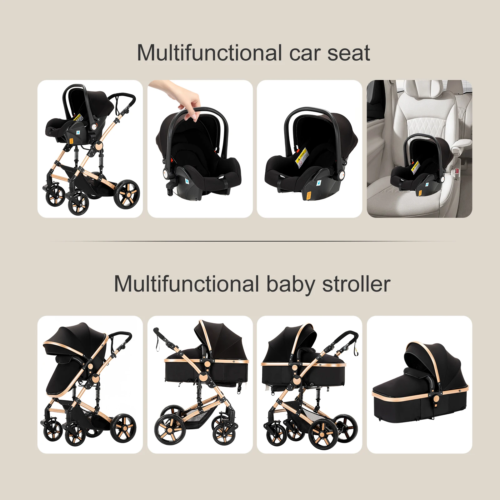 Foldable 3 in 1 Baby Travel System Stroller High Landscape Reversible Bassinet Pram Infant Car Seat Combination Multi-Function Lightweight Pushchair All-Terrain EVA Wheels Shock Absorber One-Foot Brake Newborn Baby Carriage Set