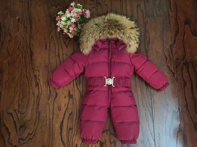 Russian Winter Boys Girls 1-5Y Winter Overalls Baby Rompers Duck Down Jumpsuit Real Fur Collar Children Outerwear Kids Snowsuit
