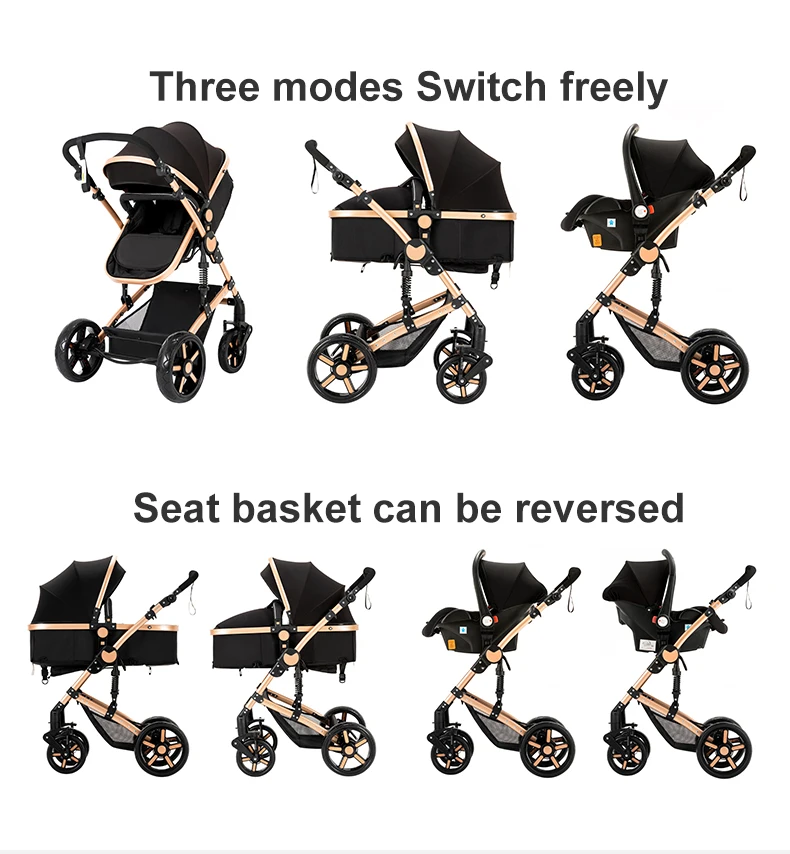 Infant Carrier Baby Stroller 3 in 1 Travel System High Landscape Newborn Pushchair with Reversible Bassinet Foldable Frame Seat EVA Wheels Shock Absorbing Suspension Foot Brake 360 Swivel Front Wheels Storage Basket