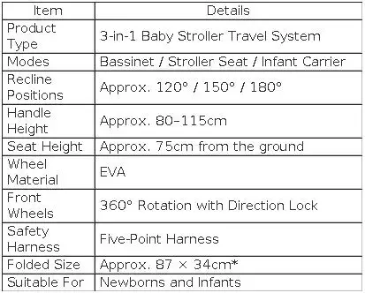 Infant Carrier Baby Stroller 3 in 1 Travel System High Landscape Newborn Pushchair with Reversible Bassinet Foldable Frame Seat EVA Wheels Shock Absorbing Suspension Foot Brake 360 Swivel Front Wheels Storage Basket