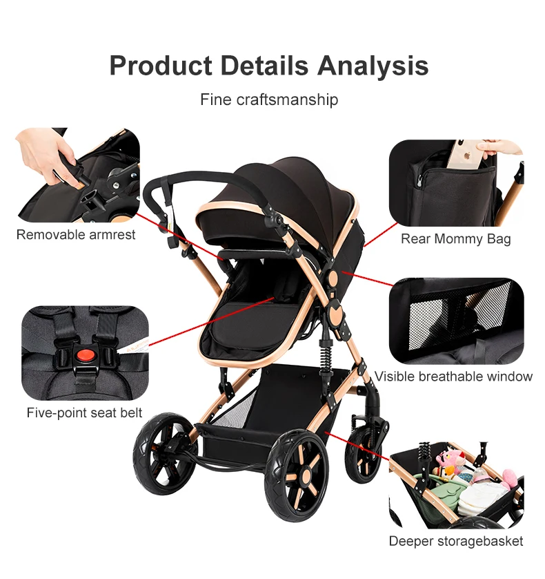 Infant Carrier Baby Stroller 3 in 1 Travel System High Landscape Newborn Pushchair with Reversible Bassinet Foldable Frame Seat EVA Wheels Shock Absorbing Suspension Foot Brake 360 Swivel Front Wheels Storage Basket