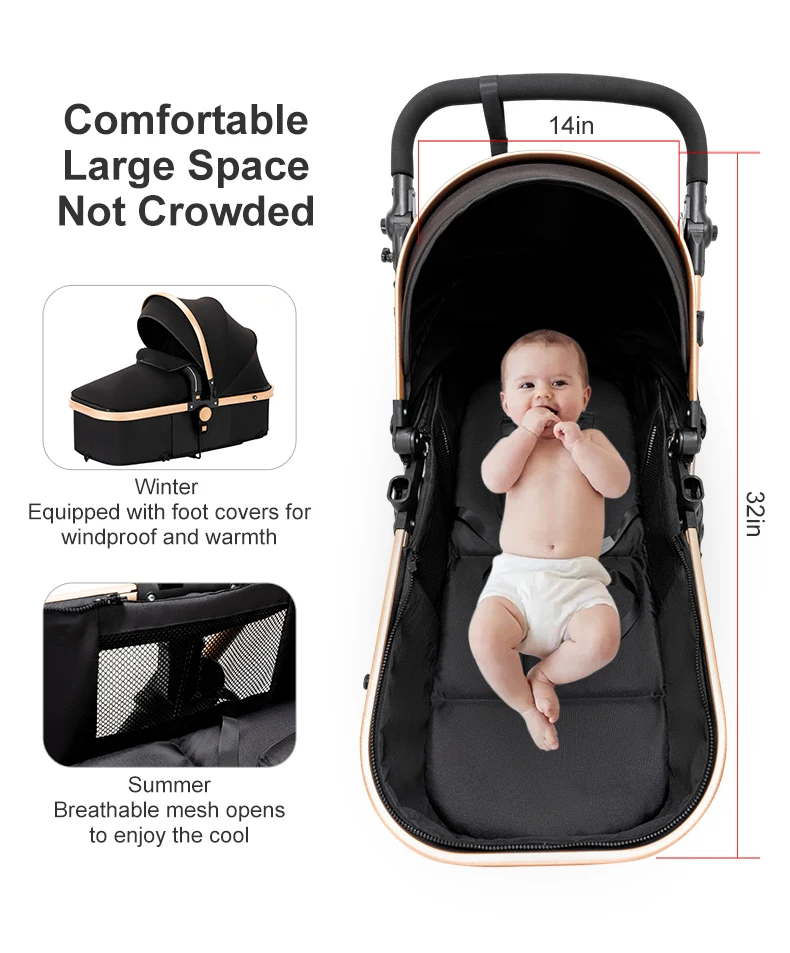 Infant Carrier Baby Stroller 3 in 1 Travel System High Landscape Newborn Pushchair with Reversible Bassinet Foldable Frame Seat EVA Wheels Shock Absorbing Suspension Foot Brake 360 Swivel Front Wheels Storage Basket