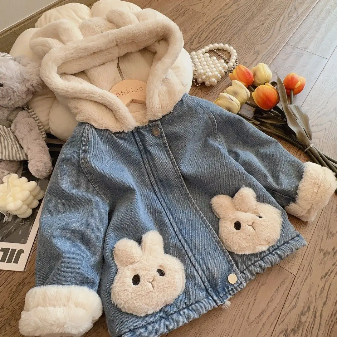 Girls Spring, Autumn and Winter New Denim Lamb Wool Velvet Padded Thickened Coat