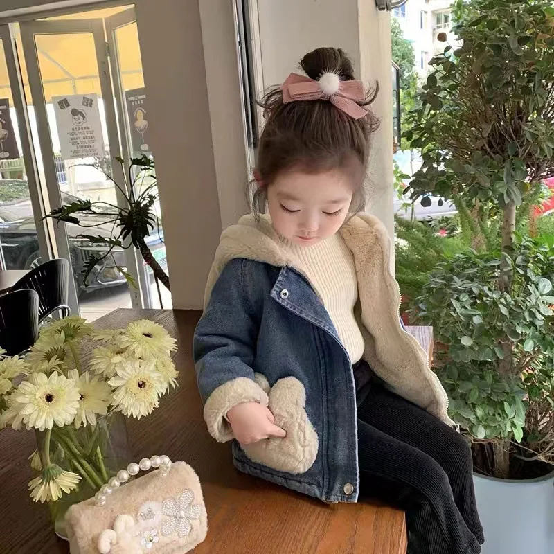 Girls Spring, Autumn and Winter New Denim Lamb Wool Velvet Padded Thickened Coat