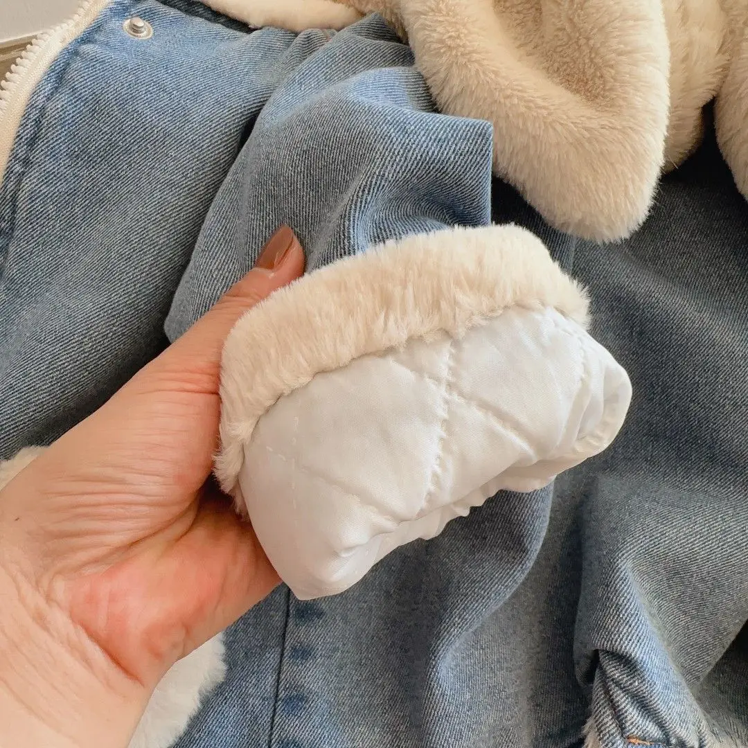 Girls Spring, Autumn and Winter New Denim Lamb Wool Velvet Padded Thickened Coat