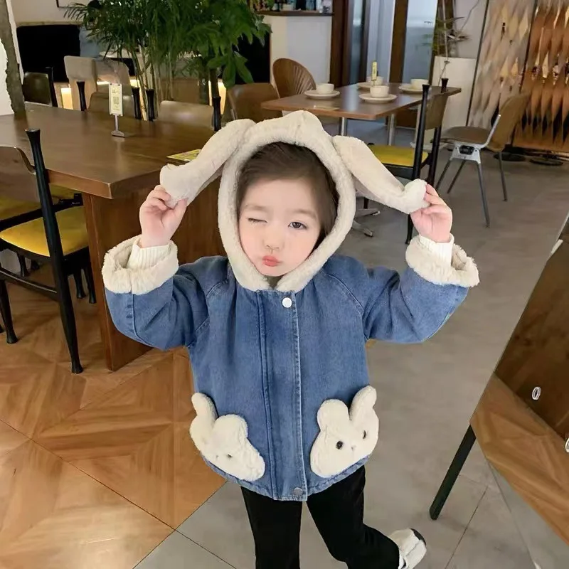 Girls Spring, Autumn and Winter New Denim Lamb Wool Velvet Padded Thickened Coat