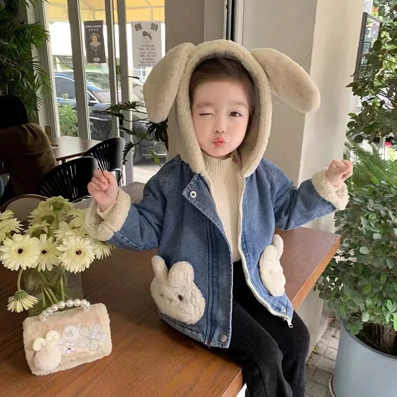 Girls Spring, Autumn and Winter New Denim Lamb Wool Velvet Padded Thickened Coat