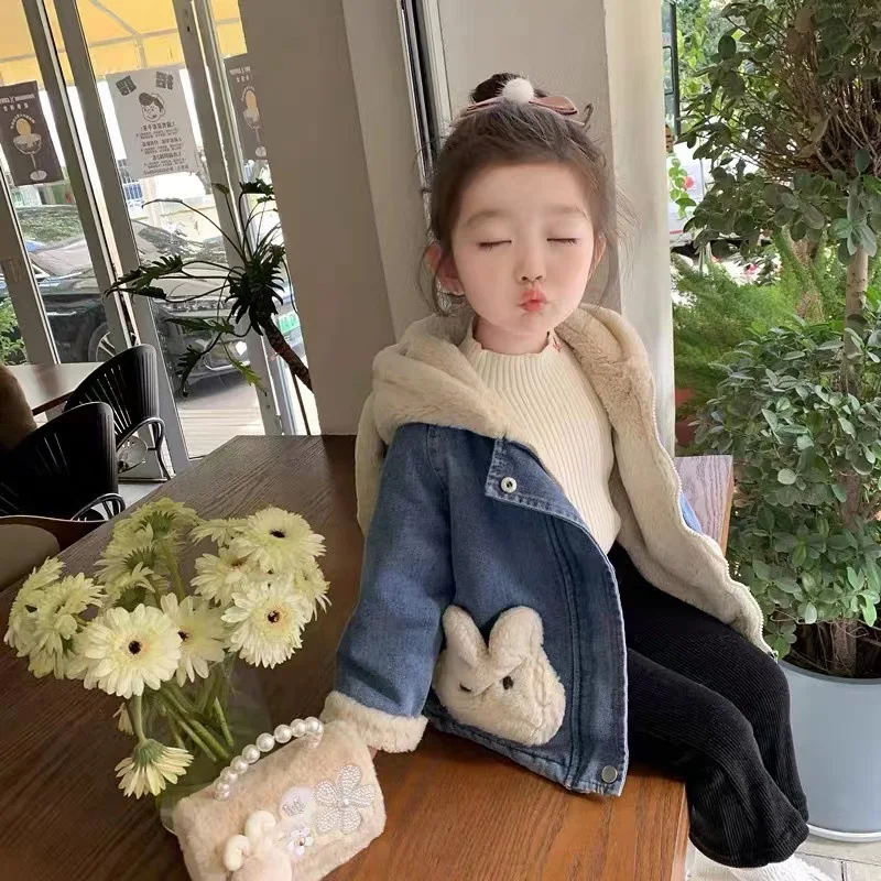 Girls Spring, Autumn and Winter New Denim Lamb Wool Velvet Padded Thickened Coat