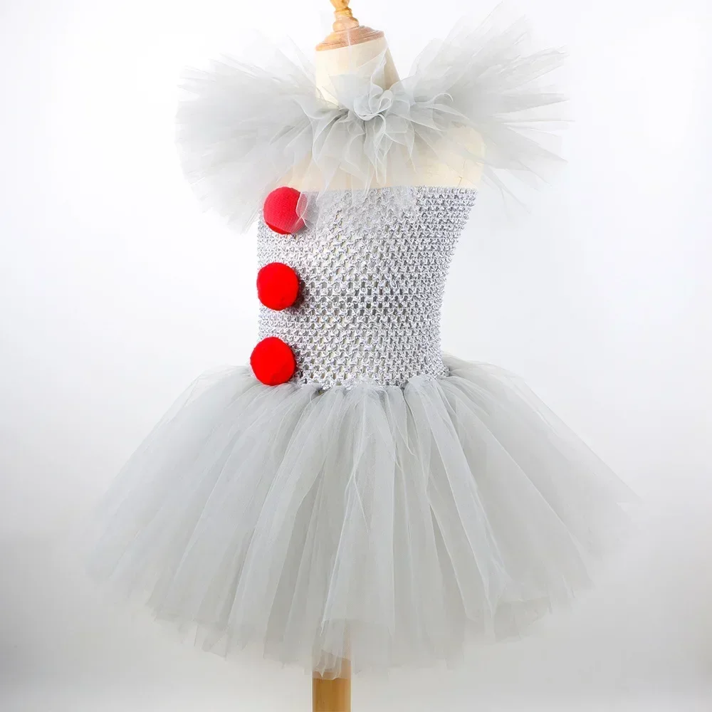 Pennywise Inspired Horrible Creature It Clown Tutu Dress Kids Joker Cosplay Costume with Hair Pin Gloves Girl Halloween Apparel