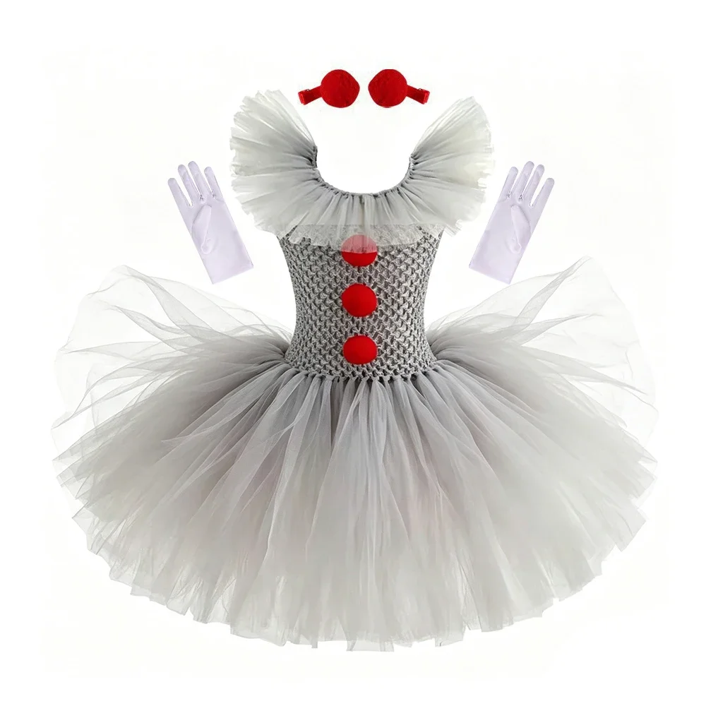 Pennywise Inspired Horrible Creature It Clown Tutu Dress Kids Joker Cosplay Costume with Hair Pin Gloves Girl Halloween Apparel