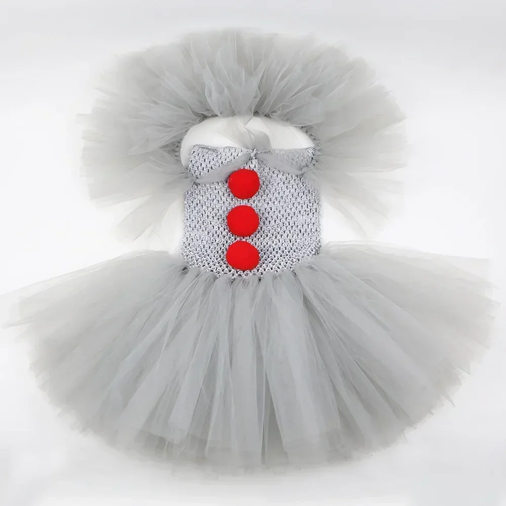 Pennywise Inspired Horrible Creature It Clown Tutu Dress Kids Joker Cosplay Costume with Hair Pin Gloves Girl Halloween Apparel