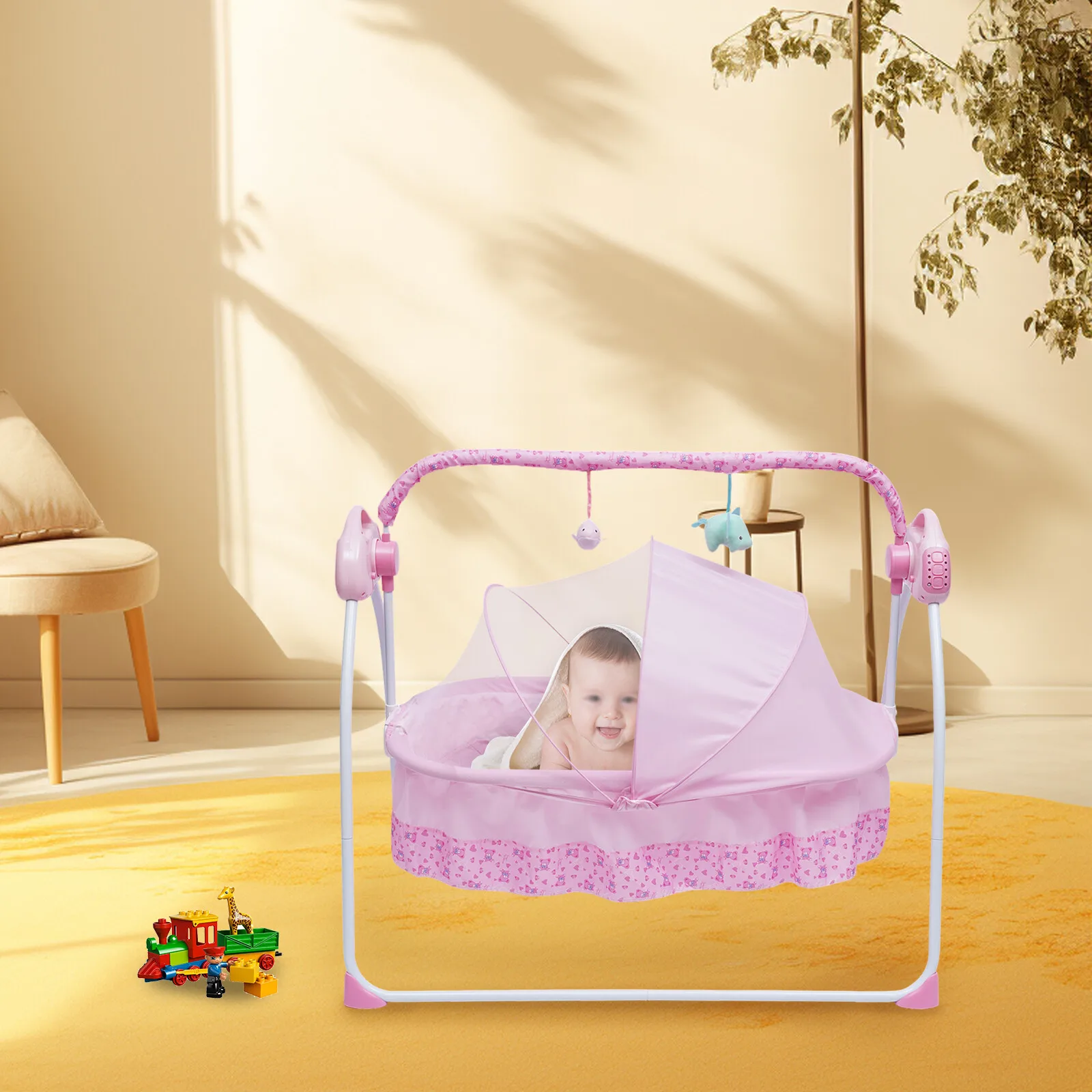 Electric Baby Crib 0-18 Months Baby Bed Automatic Cradle Swing Pink