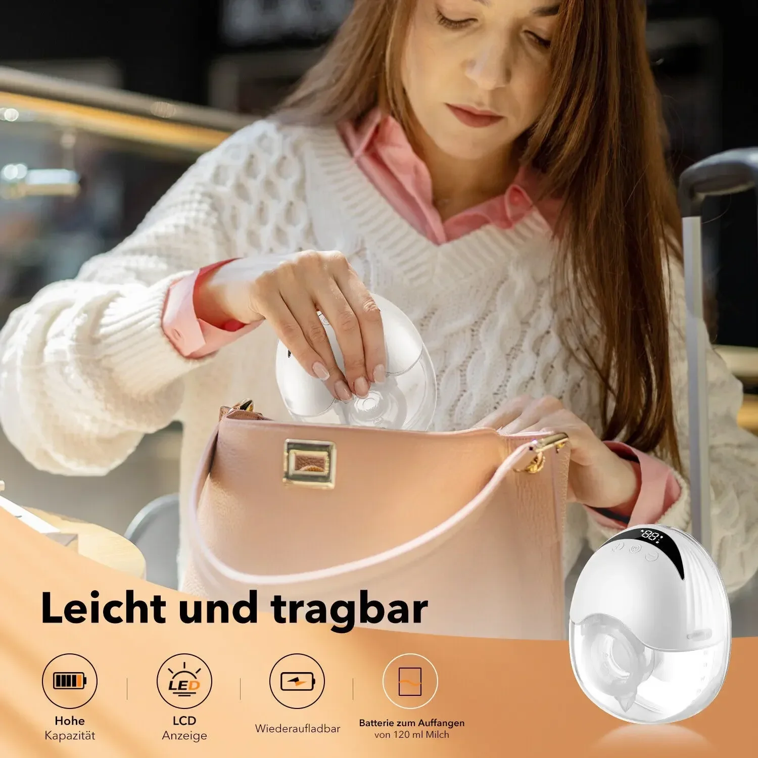 Hands-free wearable electric breast pump with 4 modes and 12 adjustable speeds. Features a white, one-piece portable design, ultra-quiet operation, and is a handy tool for working mothers who need to pump.