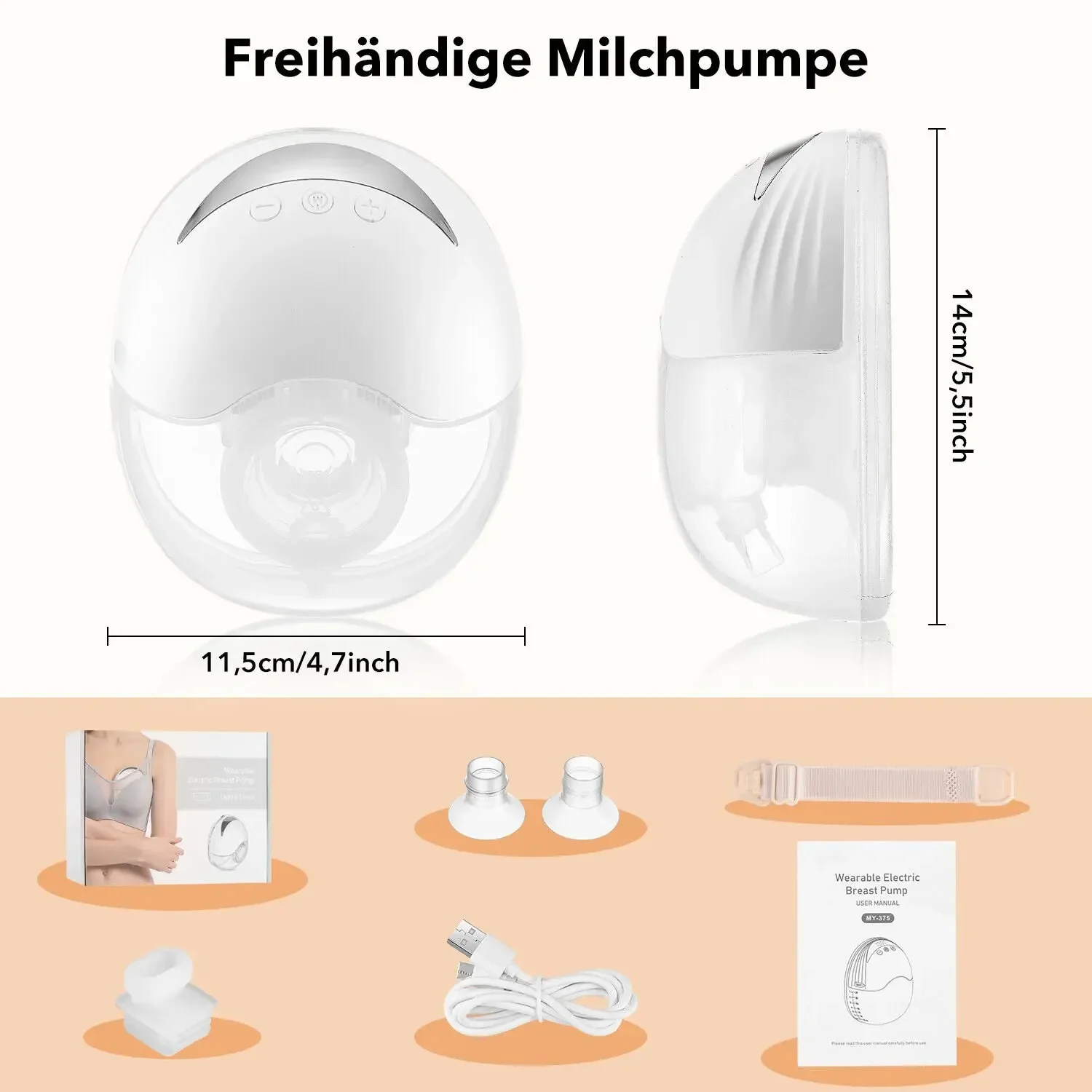 Hands-free wearable electric breast pump with 4 modes and 12 adjustable speeds. Features a white, one-piece portable design, ultra-quiet operation, and is a handy tool for working mothers who need to pump.