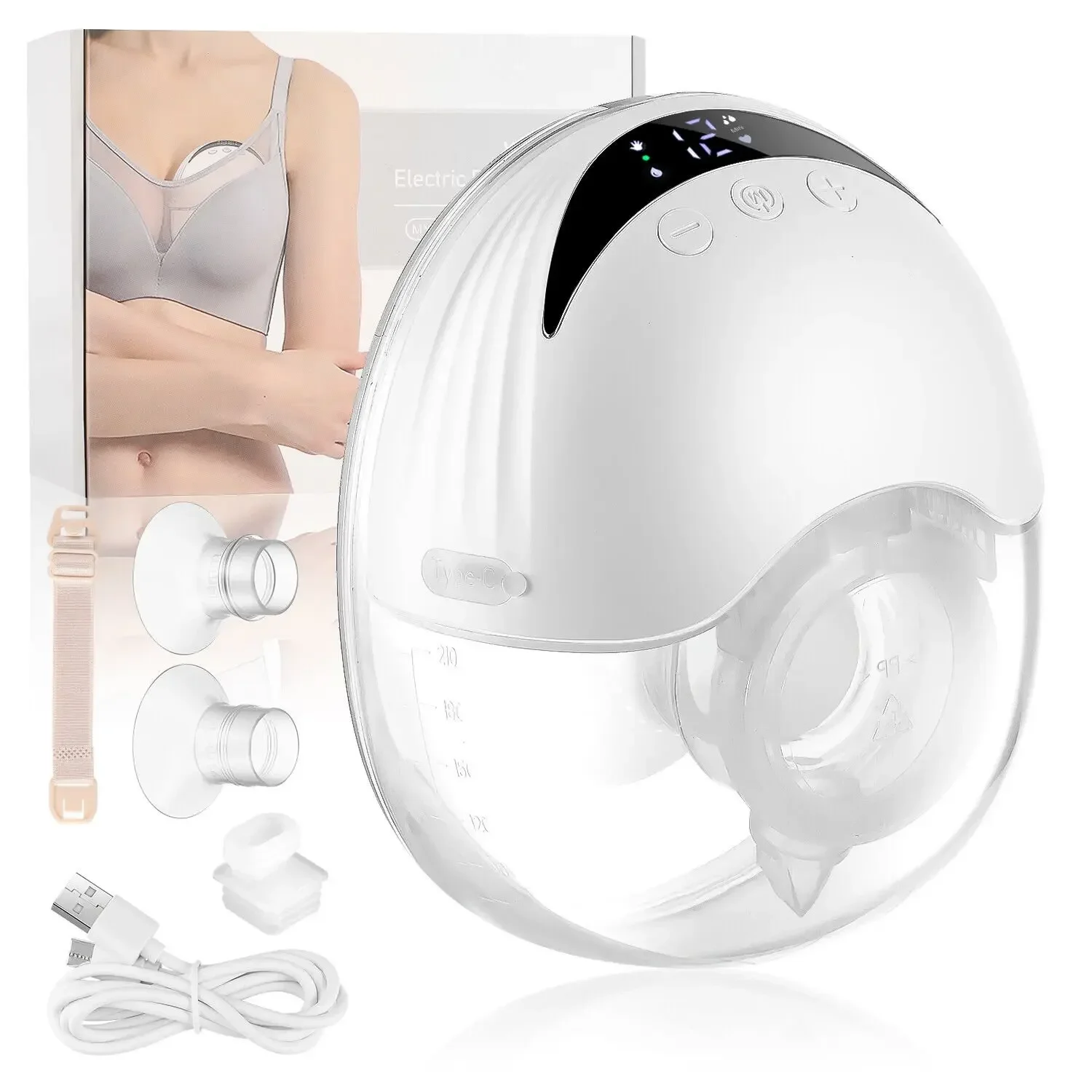 Hands-free wearable electric breast pump with 4 modes and 12 adjustable speeds. Features a white, one-piece portable design, ultra-quiet operation, and is a handy tool for working mothers who need to pump.