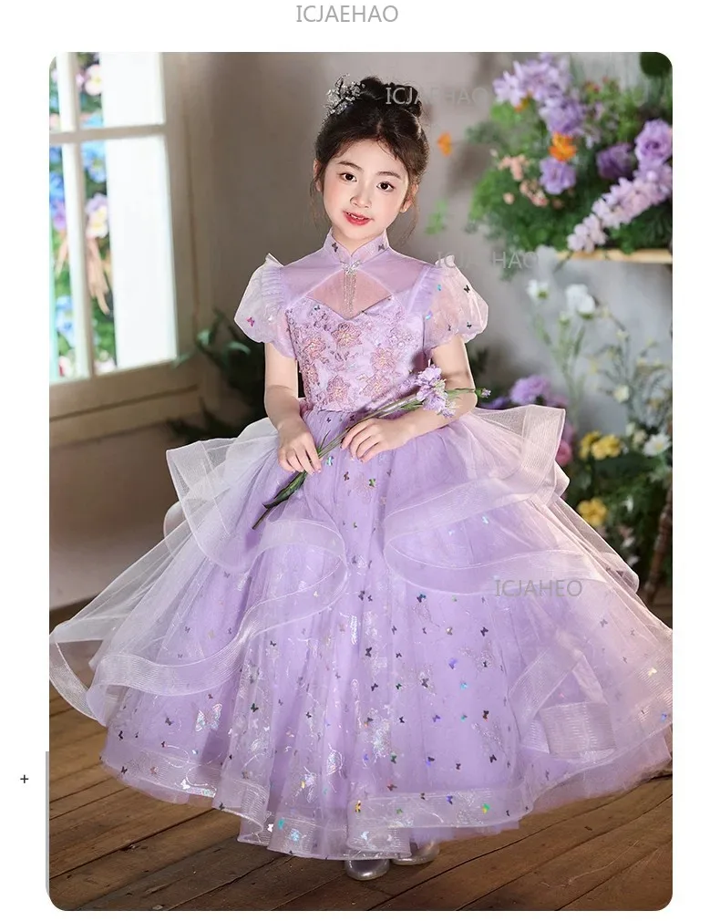 New Children Sweet Cute Purple Flower Girl Wedding Evening Kids Tutu Performance Host Piano Gown Girls Formal Elegant Costume