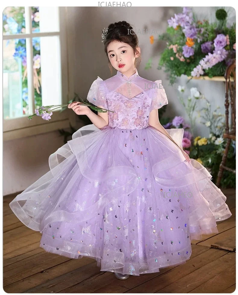 New Children Sweet Cute Purple Flower Girl Wedding Evening Kids Tutu Performance Host Piano Gown Girls Formal Elegant Costume