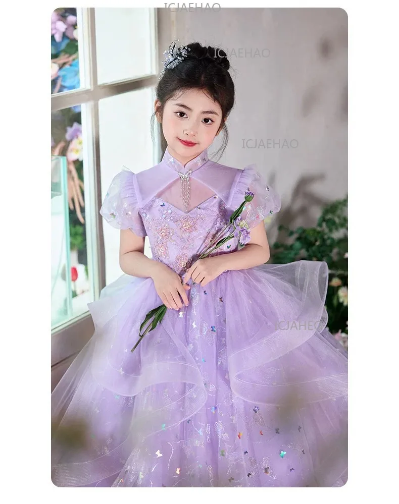 New Children Sweet Cute Purple Flower Girl Wedding Evening Kids Tutu Performance Host Piano Gown Girls Formal Elegant Costume