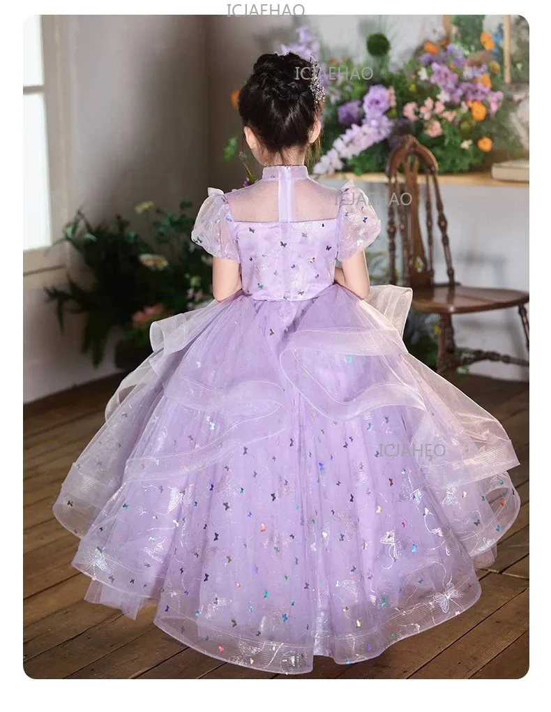 New Children Sweet Cute Purple Flower Girl Wedding Evening Kids Tutu Performance Host Piano Gown Girls Formal Elegant Costume