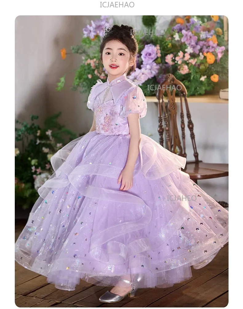 New Children Sweet Cute Purple Flower Girl Wedding Evening Kids Tutu Performance Host Piano Gown Girls Formal Elegant Costume