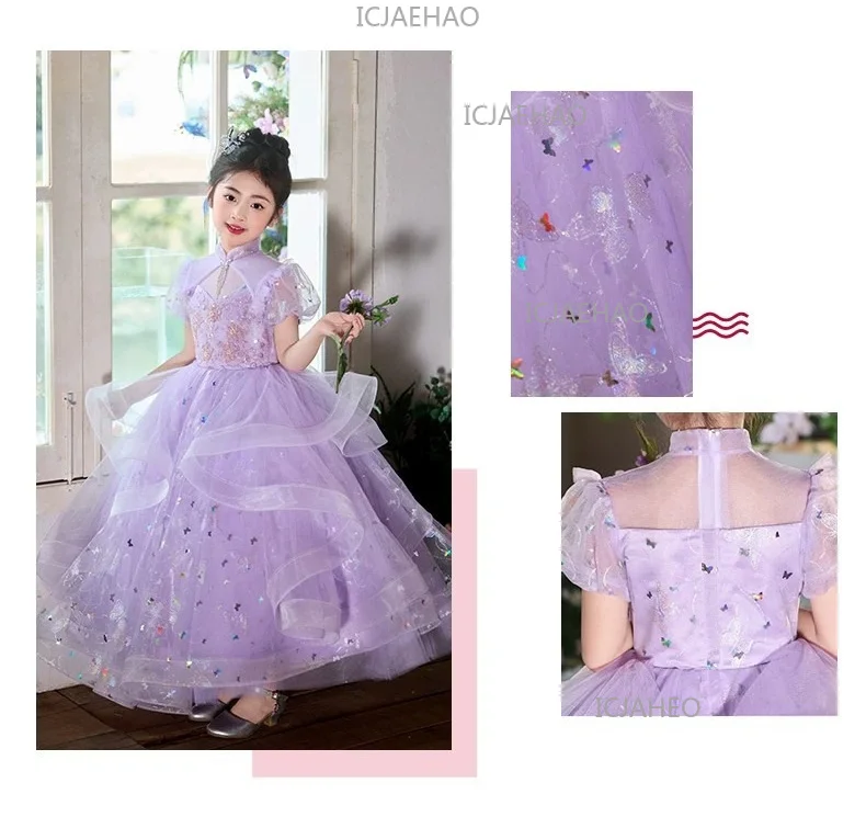 New Children Sweet Cute Purple Flower Girl Wedding Evening Kids Tutu Performance Host Piano Gown Girls Formal Elegant Costume