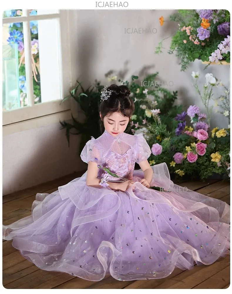 New Children Sweet Cute Purple Flower Girl Wedding Evening Kids Tutu Performance Host Piano Gown Girls Formal Elegant Costume
