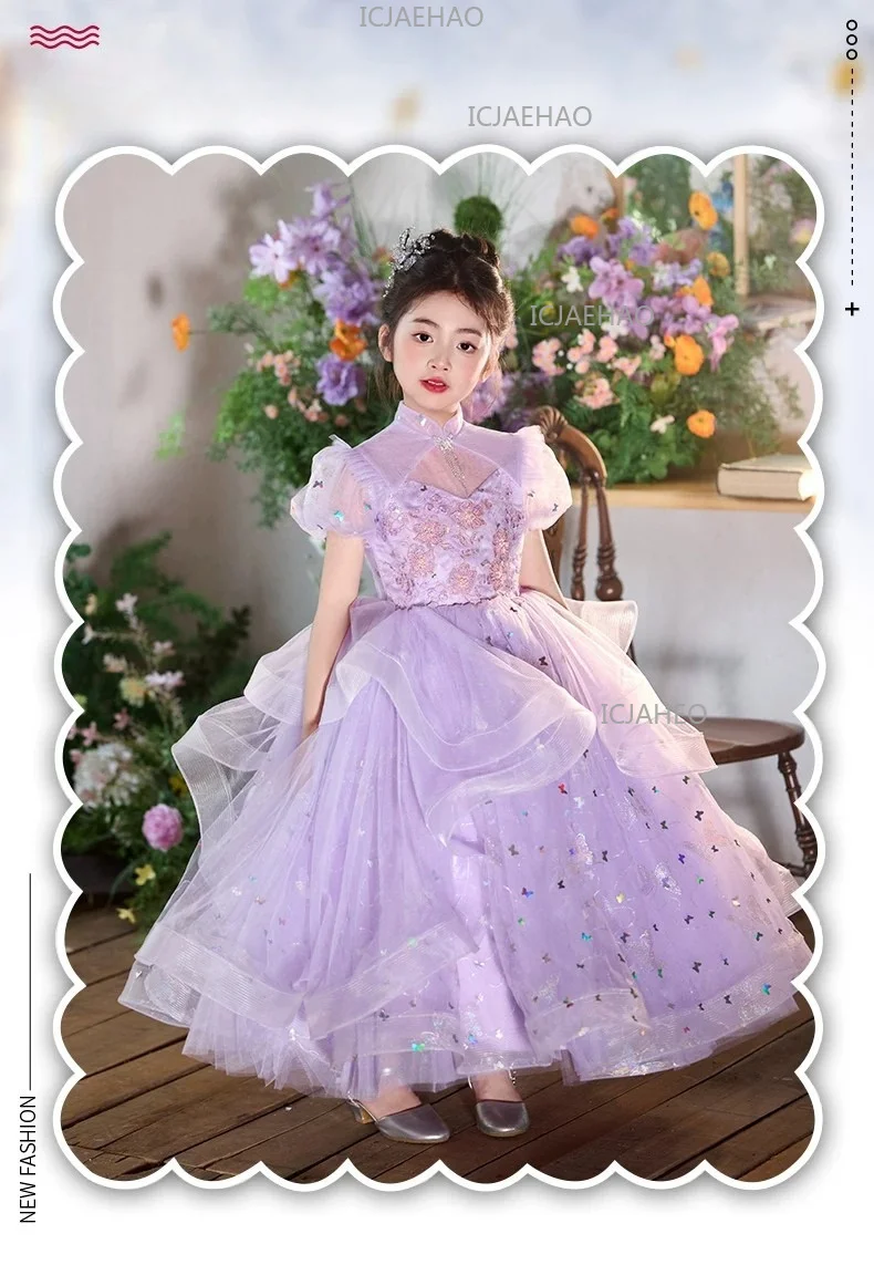 New Children Sweet Cute Purple Flower Girl Wedding Evening Kids Tutu Performance Host Piano Gown Girls Formal Elegant Costume