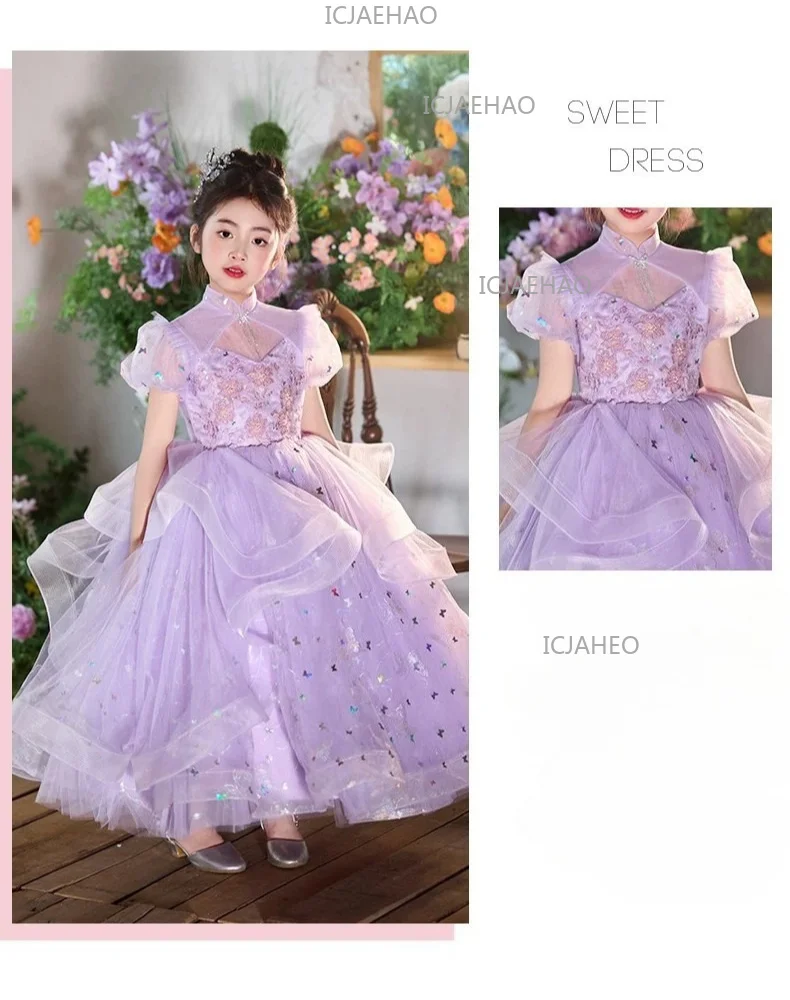 New Children Sweet Cute Purple Flower Girl Wedding Evening Kids Tutu Performance Host Piano Gown Girls Formal Elegant Costume