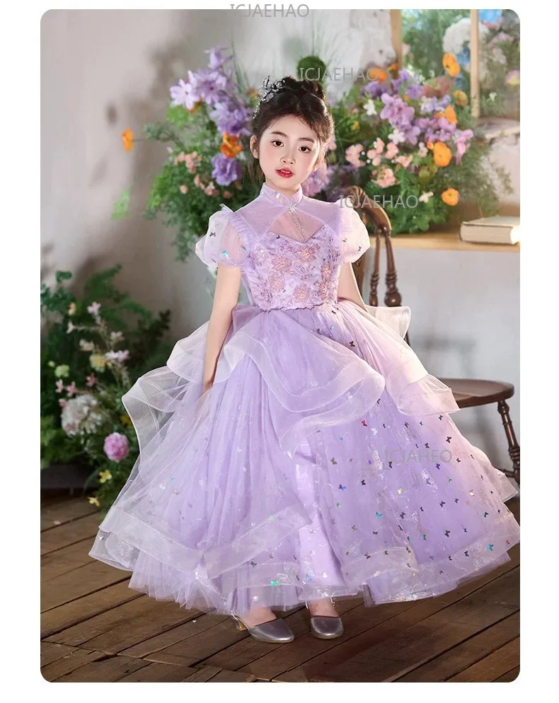 New Children Sweet Cute Purple Flower Girl Wedding Evening Kids Tutu Performance Host Piano Gown Girls Formal Elegant Costume