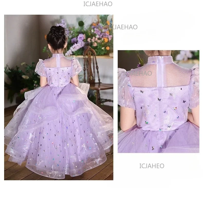 New Children Sweet Cute Purple Flower Girl Wedding Evening Kids Tutu Performance Host Piano Gown Girls Formal Elegant Costume