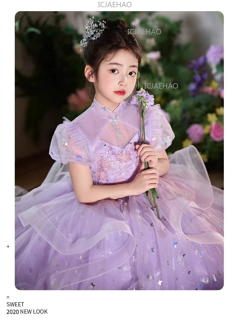 New Children Sweet Cute Purple Flower Girl Wedding Evening Kids Tutu Performance Host Piano Gown Girls Formal Elegant Costume