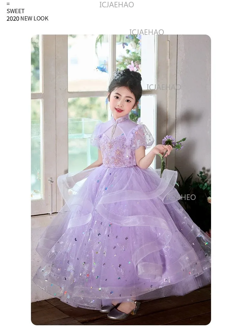 New Children Sweet Cute Purple Flower Girl Wedding Evening Kids Tutu Performance Host Piano Gown Girls Formal Elegant Costume