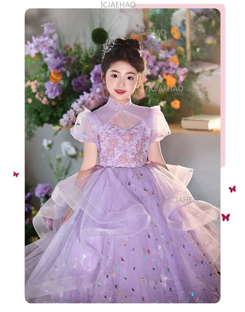 New Children Sweet Cute Purple Flower Girl Wedding Evening Kids Tutu Performance Host Piano Gown Girls Formal Elegant Costume