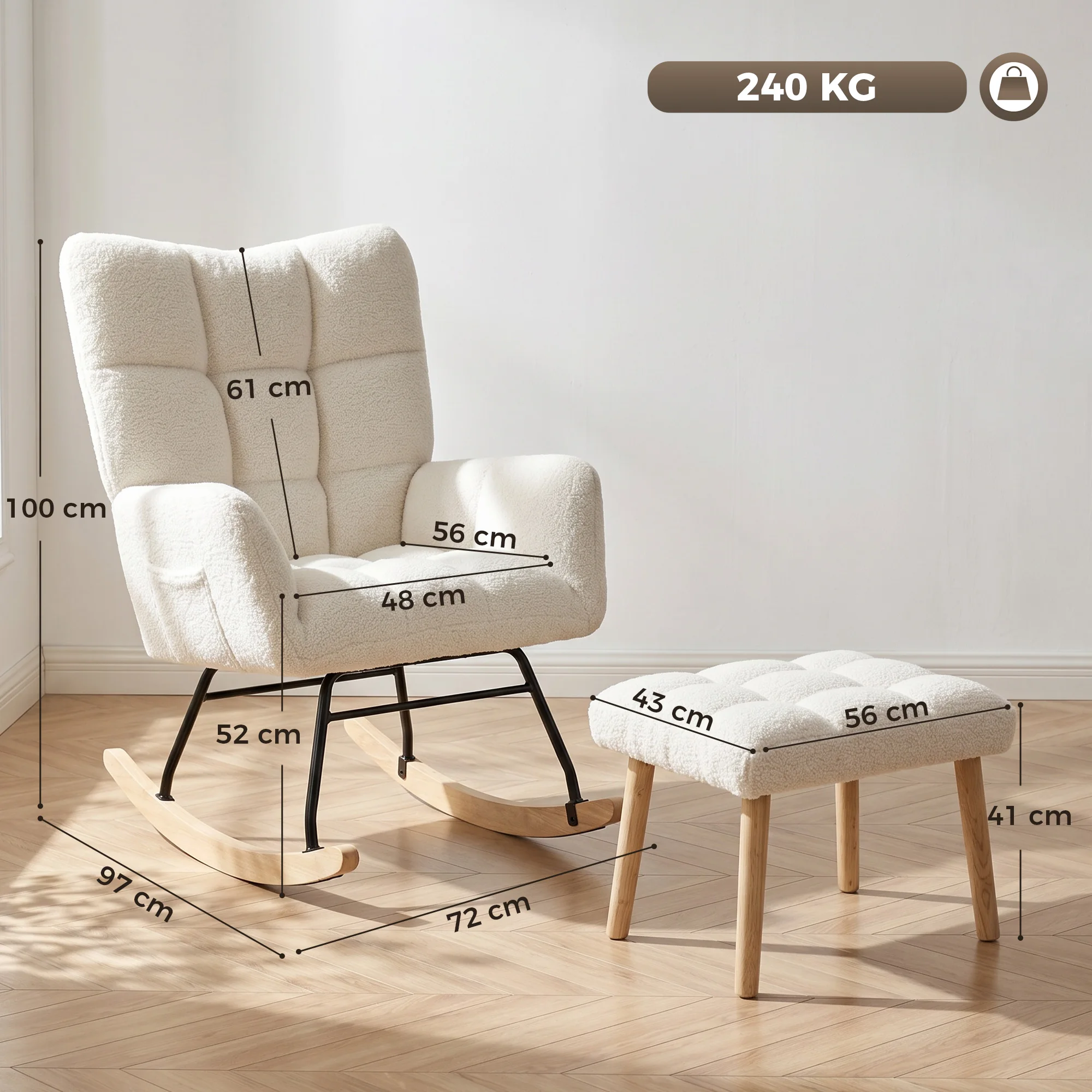 HOMCOM Fauteuil à Bascule avec Repose-Pieds, Rocking Chair en Tissu Bouclette, Assise Rembourrée, Dossier Large, Crème
