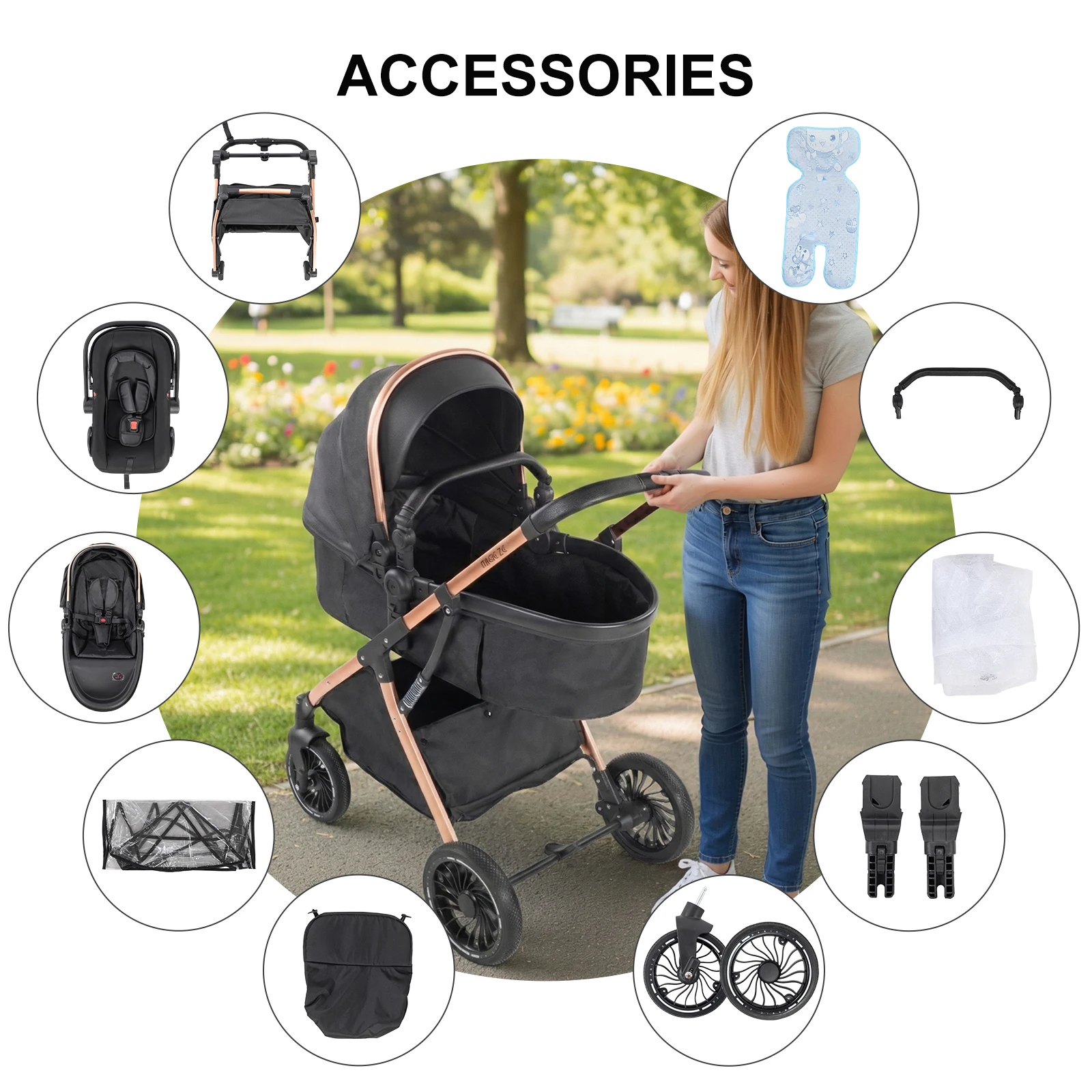 3 in 1 Baby Stroller Luxury Eggshell Design with Adjustable Handle and Storage Basket High Landscape Stroller Infant Car Seat Stroller for Newborn to Toddler with Foldable Reversible Frame for City Travel Shopping and Daily Walks