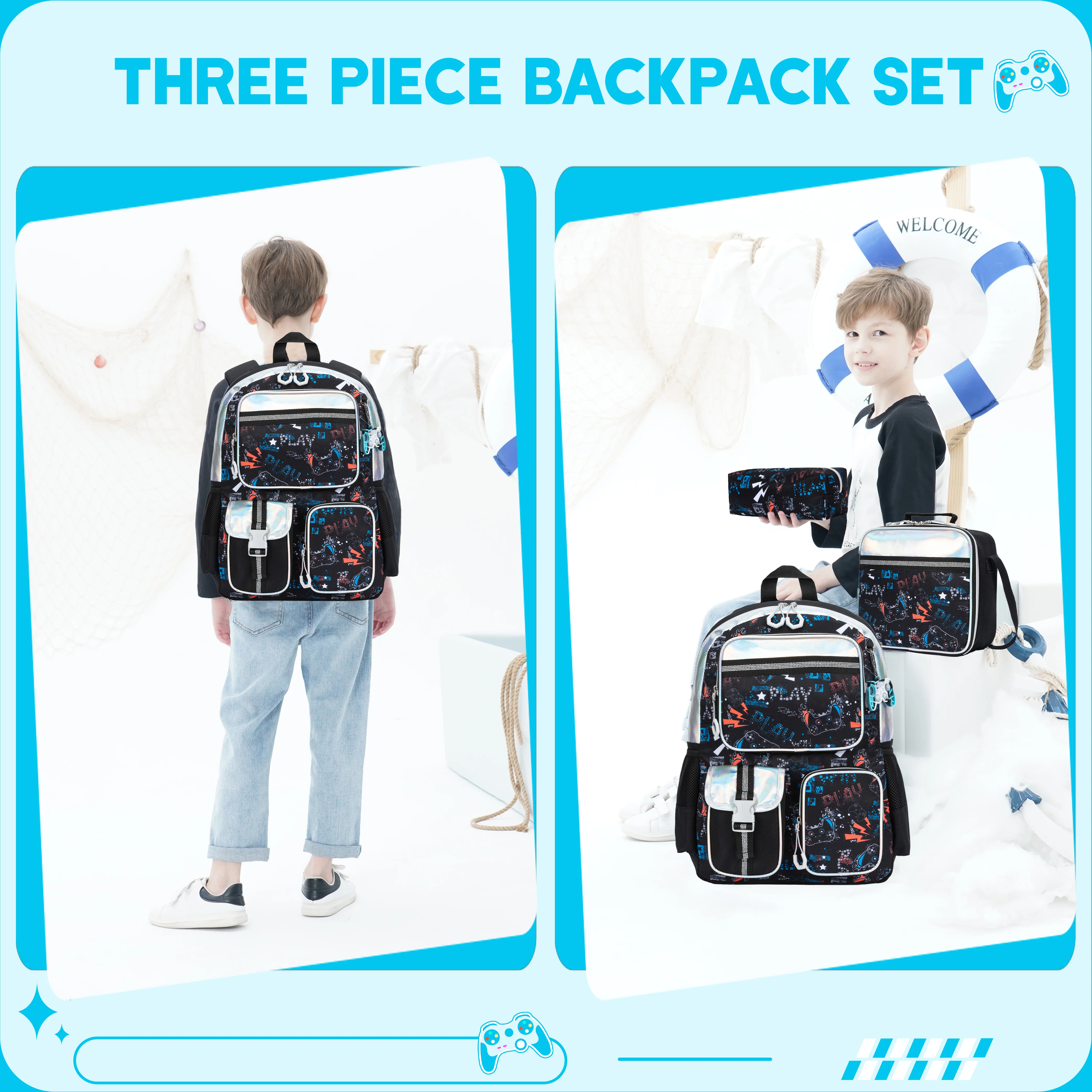 Aesthetic Girls Backpack Set with Lunch Box & Pencil Case, Cute Bookbag for Elementary Students