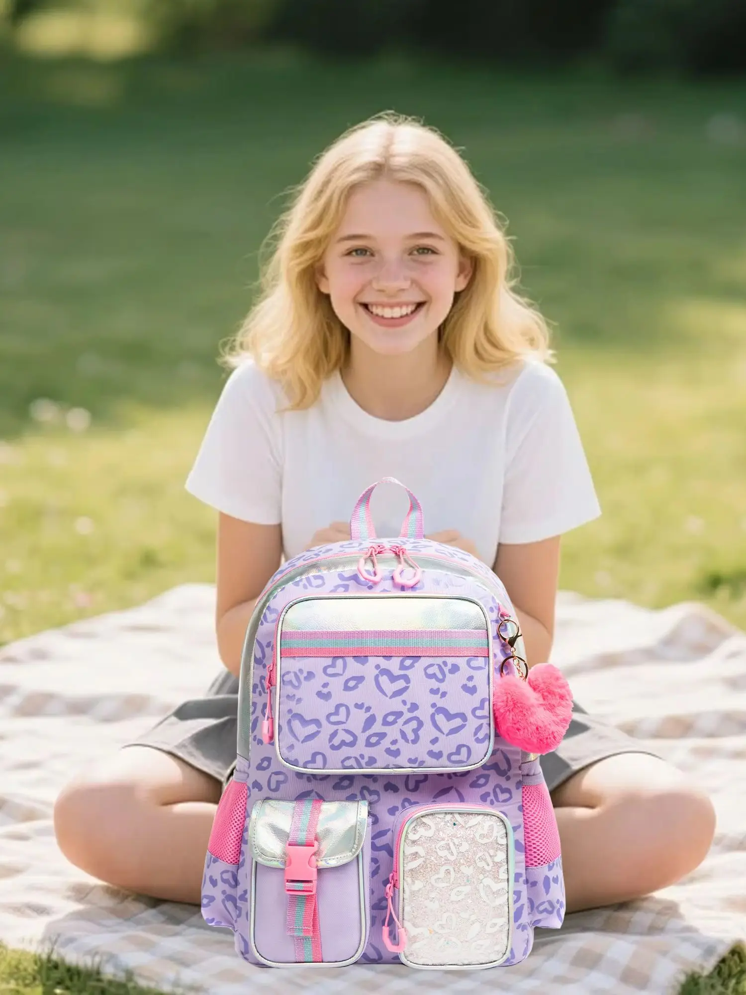 Aesthetic Girls Backpack Set with Lunch Box & Pencil Case, Cute Bookbag for Elementary Students