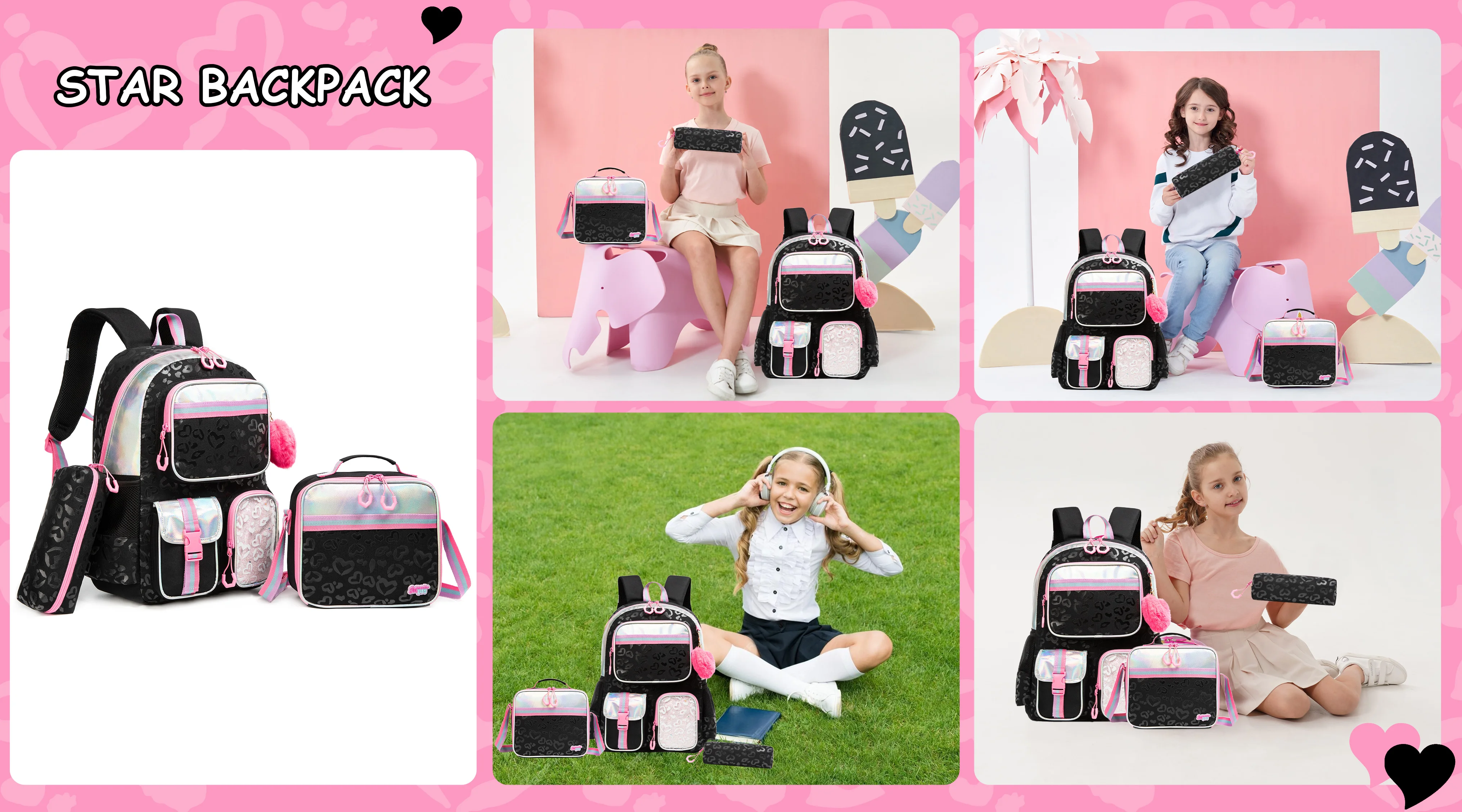 Aesthetic Girls Backpack Set with Lunch Box & Pencil Case, Cute Bookbag for Elementary Students