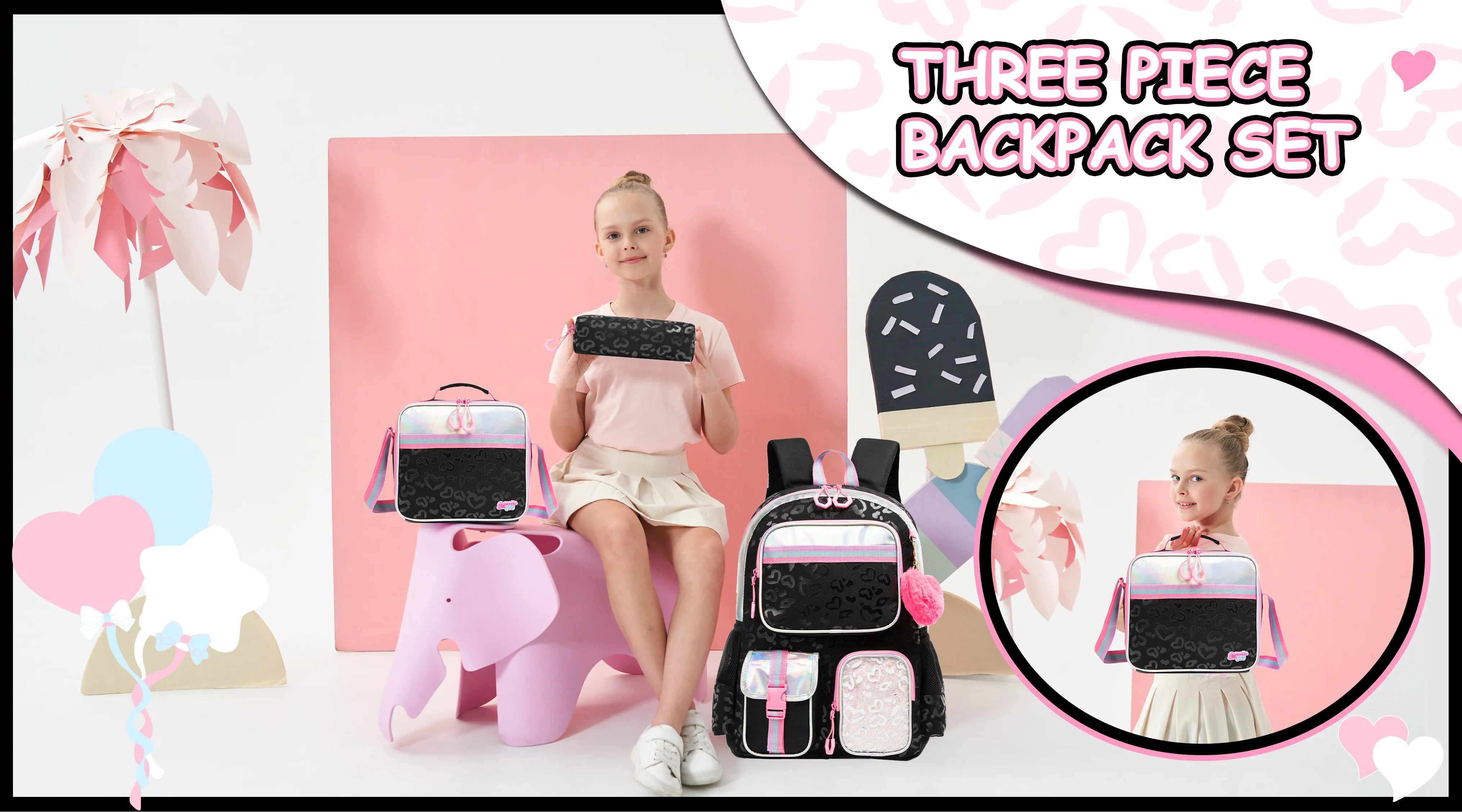 Aesthetic Girls Backpack Set with Lunch Box & Pencil Case, Cute Bookbag for Elementary Students