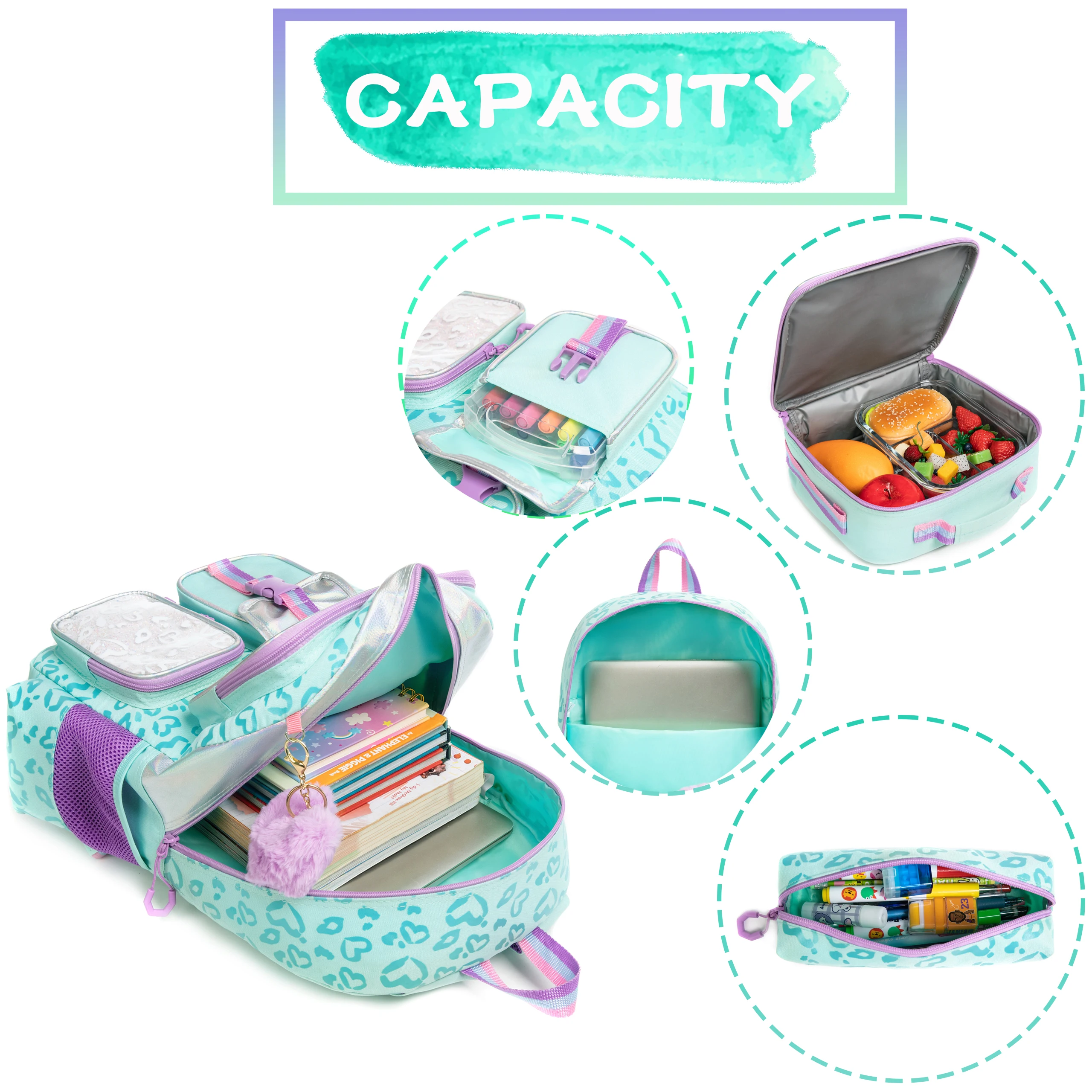 Aesthetic Girls Backpack Set with Lunch Box & Pencil Case, Cute Bookbag for Elementary Students