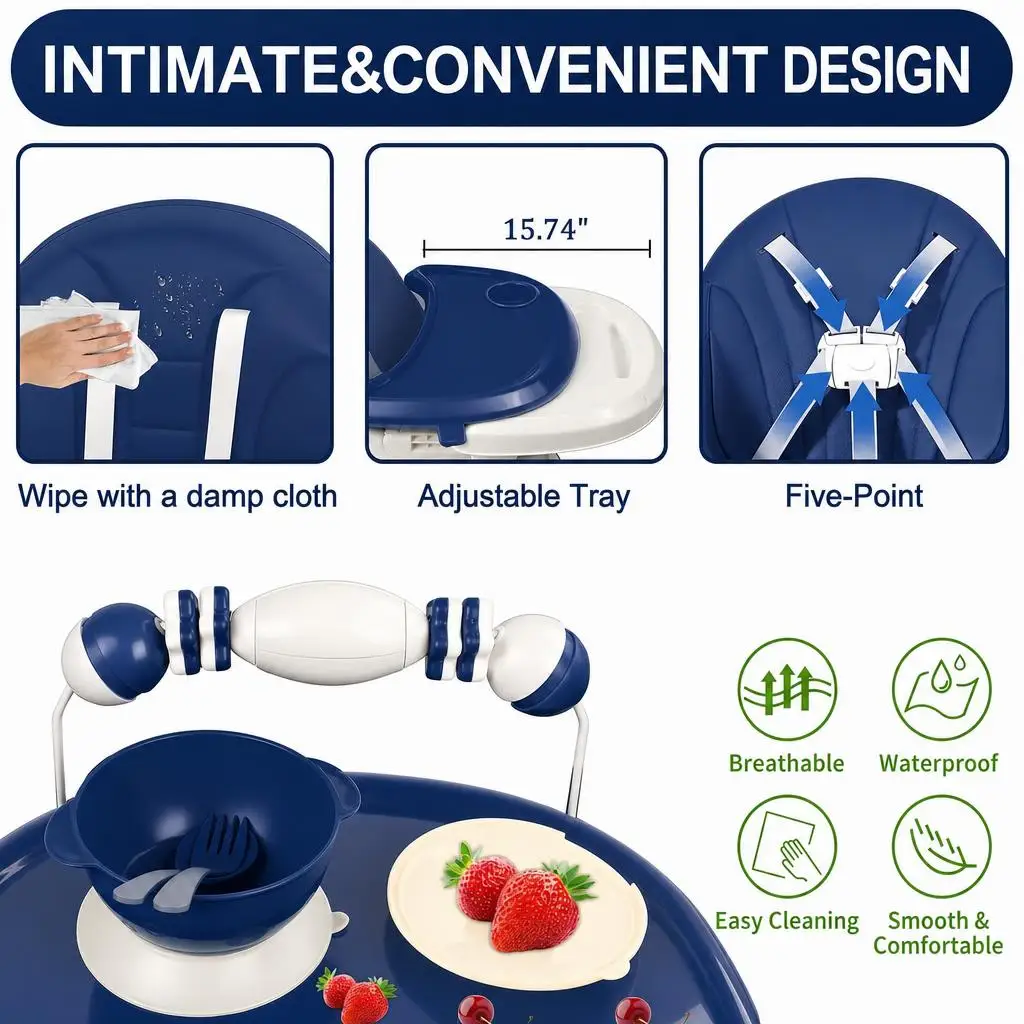 3-In-1 Baby High Chair Foldable Portable Convertible Eat & Play Baby Dining Chair with Double-Layer Dinner Plate Toy Rack Infant Toddler Feeding Chair for Boys Girls Baby Furniture