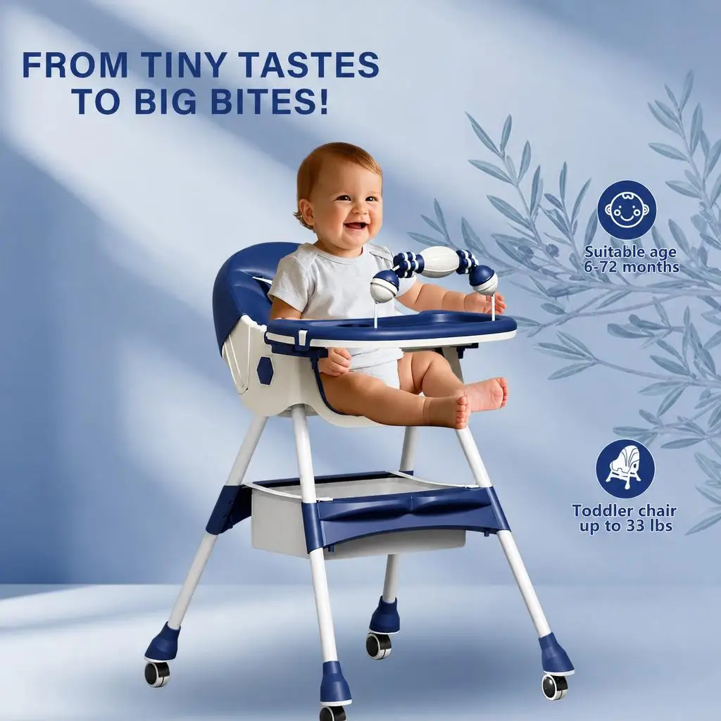 3-In-1 Baby High Chair Foldable Portable Convertible Eat & Play Baby Dining Chair with Double-Layer Dinner Plate Toy Rack Infant Toddler Feeding Chair for Boys Girls Baby Furniture