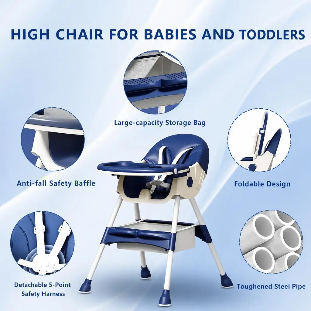 3-In-1 Baby High Chair Foldable Portable Convertible Eat & Play Baby Dining Chair with Double-Layer Dinner Plate Toy Rack Infant Toddler Feeding Chair for Boys Girls Baby Furniture