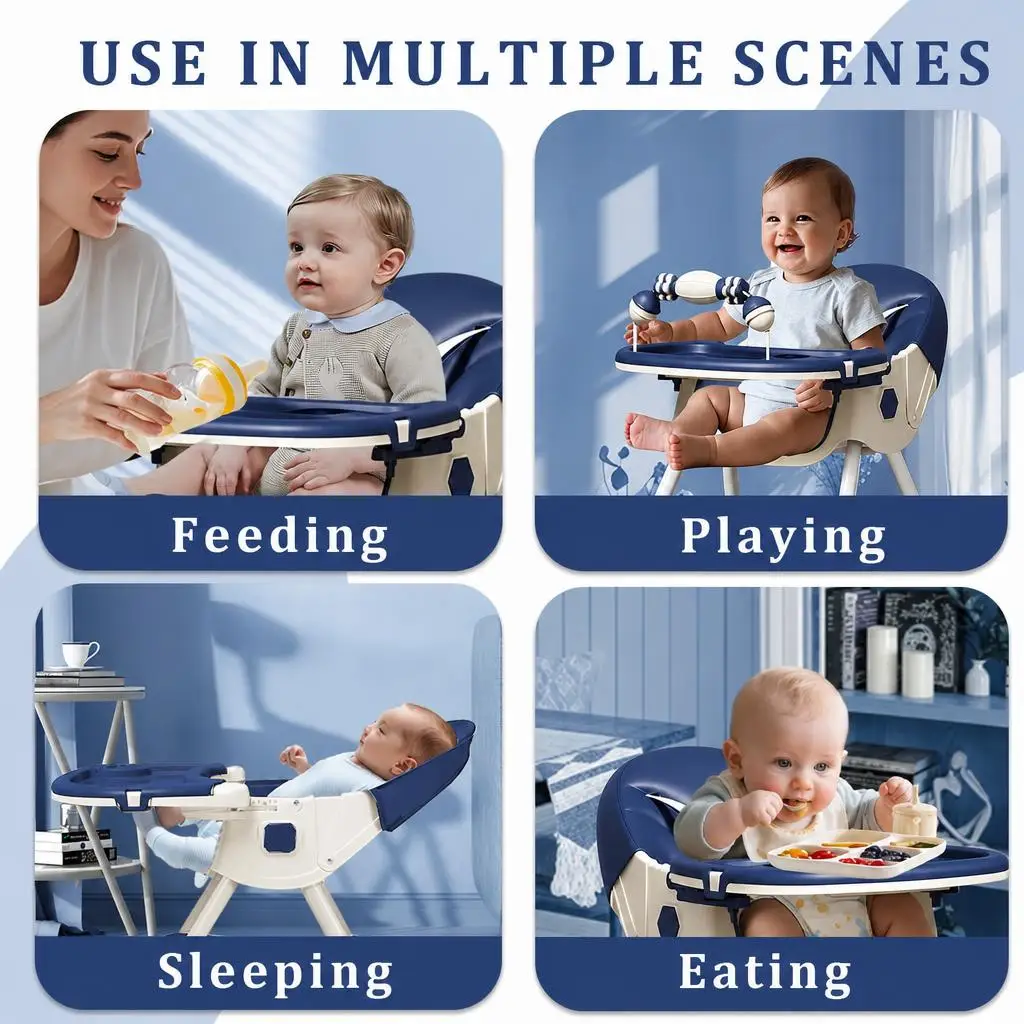 3-In-1 Baby High Chair Foldable Portable Convertible Eat & Play Baby Dining Chair with Double-Layer Dinner Plate Toy Rack Infant Toddler Feeding Chair for Boys Girls Baby Furniture