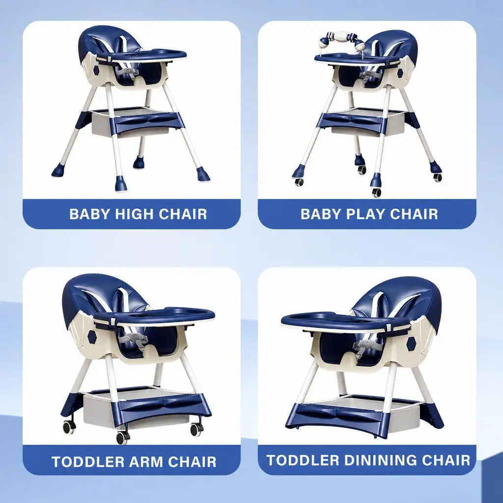 3-In-1 Baby High Chair Foldable Portable Convertible Eat & Play Baby Dining Chair with Double-Layer Dinner Plate Toy Rack Infant Toddler Feeding Chair for Boys Girls Baby Furniture
