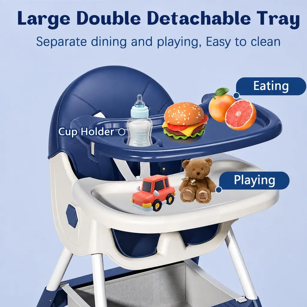 3-In-1 Baby High Chair Foldable Portable Convertible Eat & Play Baby Dining Chair with Double-Layer Dinner Plate Toy Rack Infant Toddler Feeding Chair for Boys Girls Baby Furniture