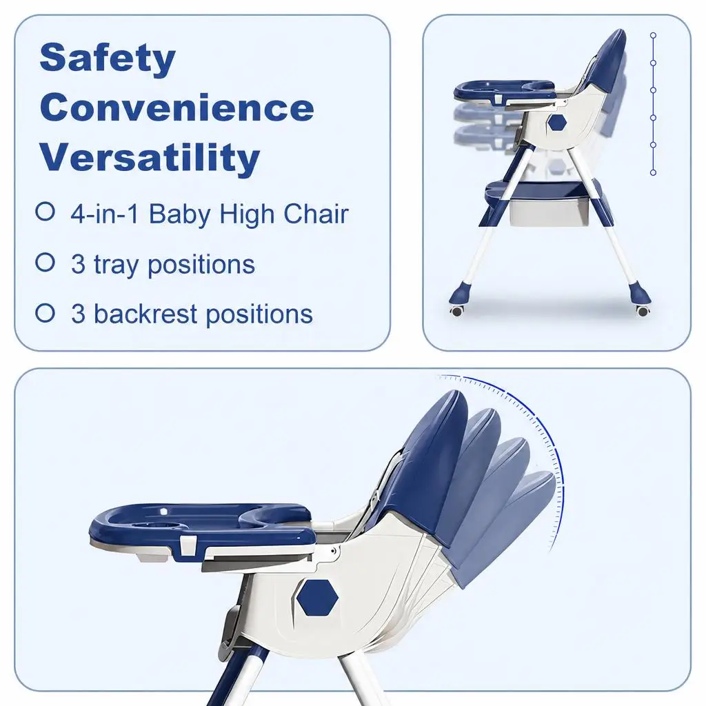 3-In-1 Baby High Chair Foldable Portable Convertible Eat & Play Baby Dining Chair with Double-Layer Dinner Plate Toy Rack Infant Toddler Feeding Chair for Boys Girls Baby Furniture